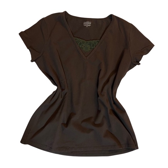 Classic Elements Tops - Classic Elements T-Shirt Large Cottagecore Lace Trim V-Neck Brown Short Sleeve